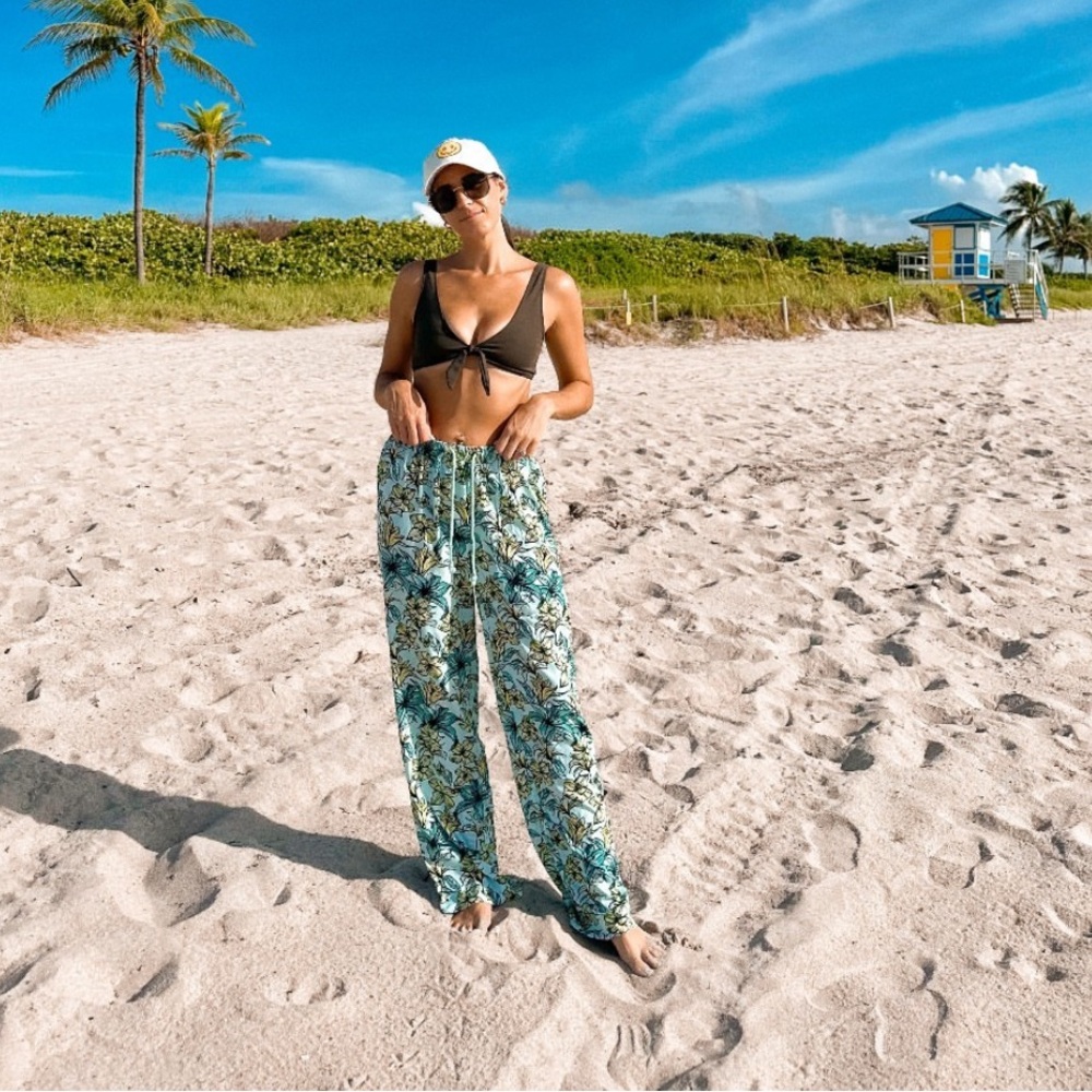Beach Riot Tropical Floral Beach Pants Coverup in Teal & Green